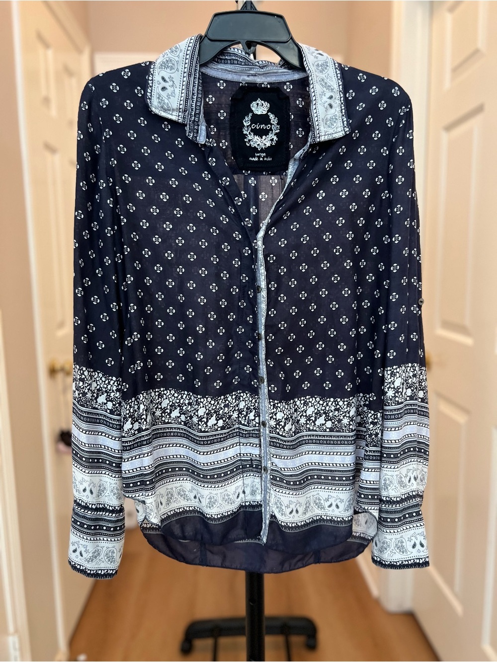 Johnny Was Navy and White Paisley Print Button Shirt